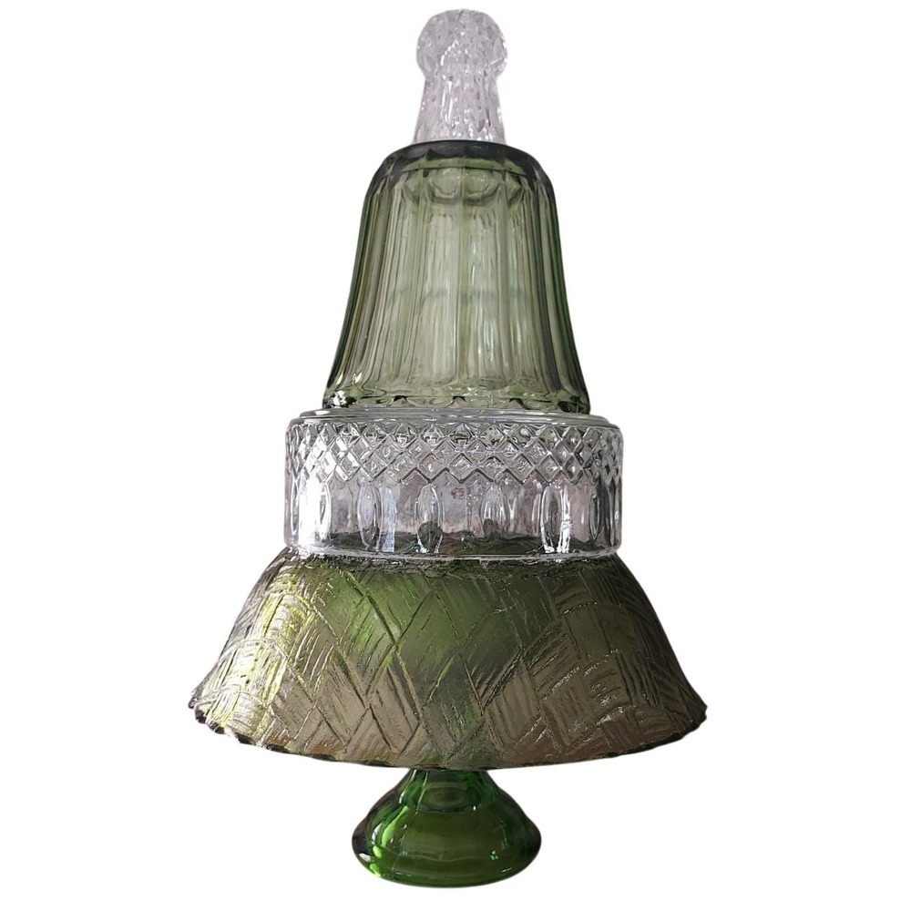 Vintage Green Glass Stacked Christmas Tree Tabletop Decor Accent 15 Inch Curated
